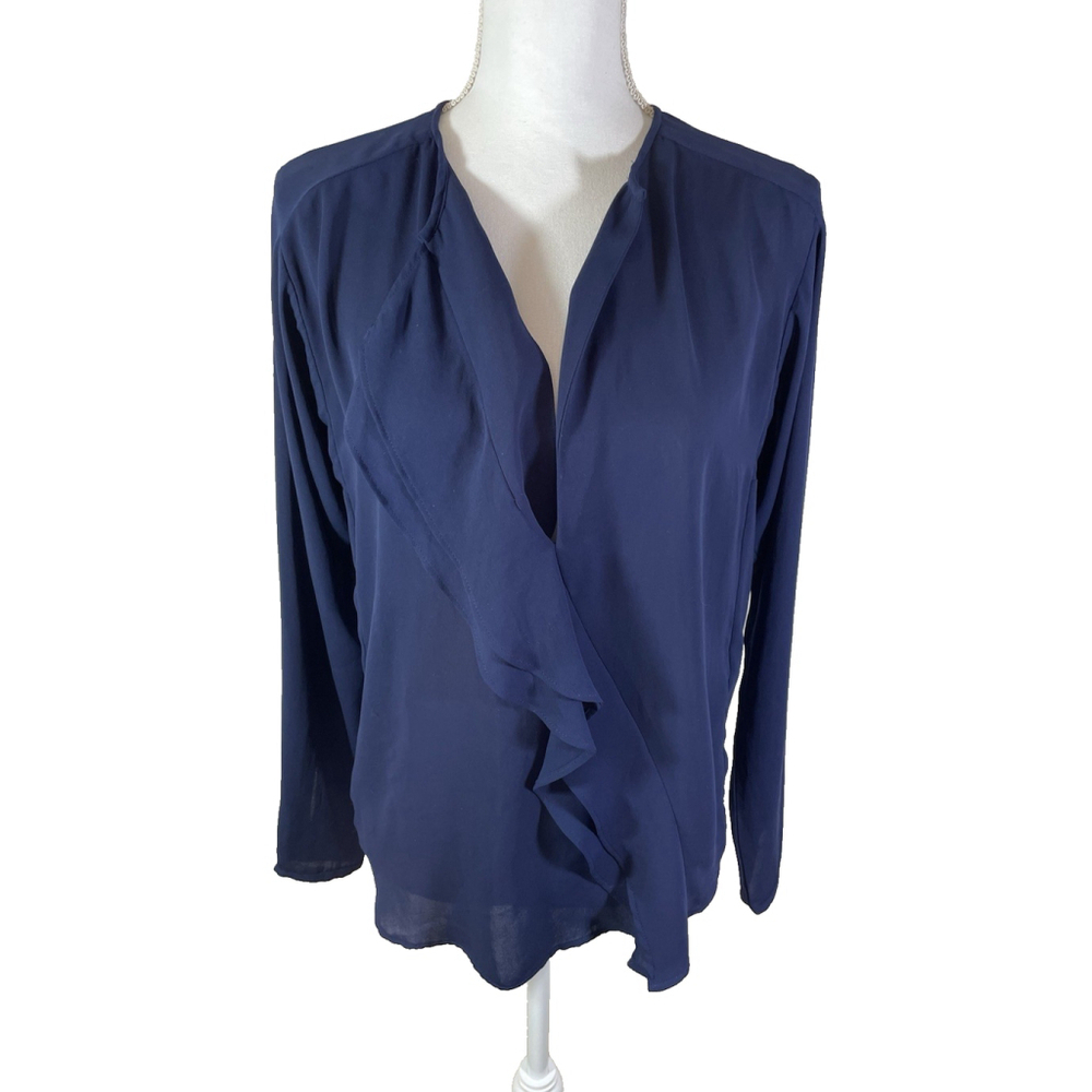 By Malene Birger Navy Blue Vibha Long Sleeve V-Neck Ruffled Blouse Size 36